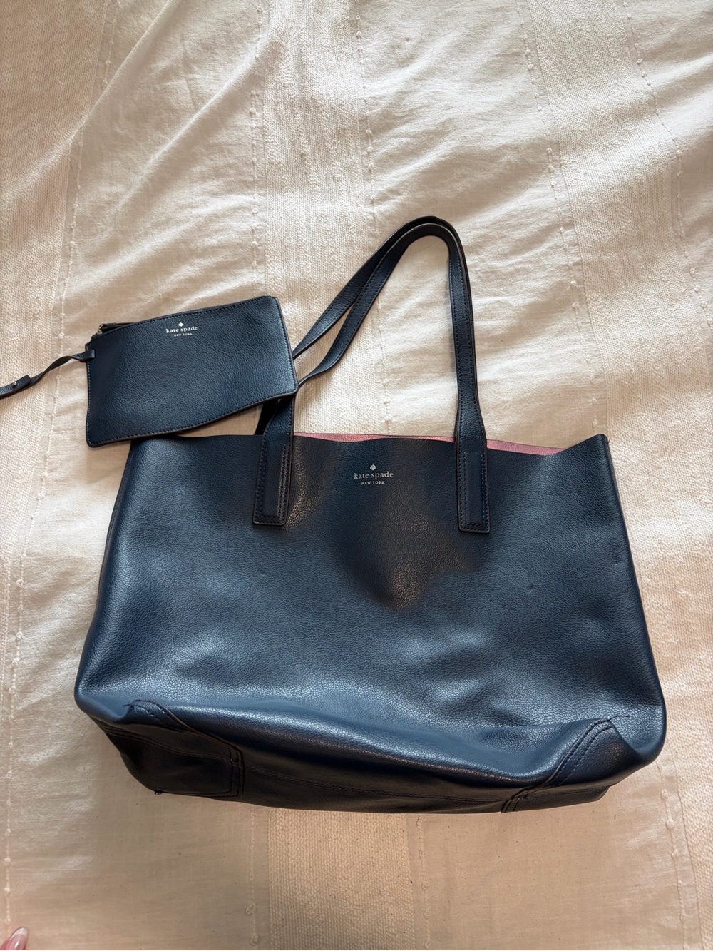 kate spade Navy Leather Tote with Removable Pouch and Pink Lining